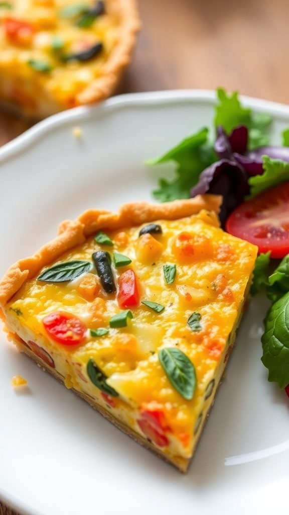 Tortilla Crust Quiche Recipe A slice of tortilla crust quiche with vegetables and cheese on a plate, garnished with herbs, alongside a fresh salad.